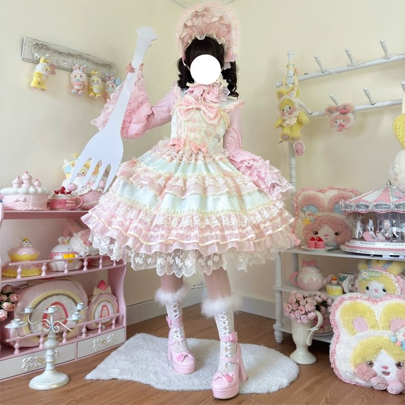 Hime Lolita Apricot Princess Dress with Ruffle Hem for Party Birthday