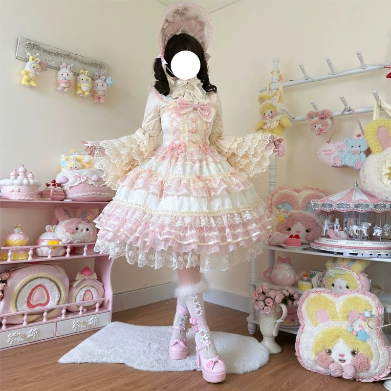 Hime Lolita Apricot Princess Dress with Ruffle Hem for Party Birthday