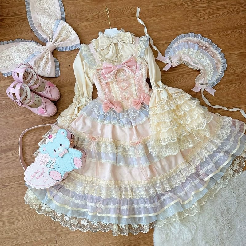 Hime Lolita Apricot Princess Dress with Ruffle Hem for Party Birthday