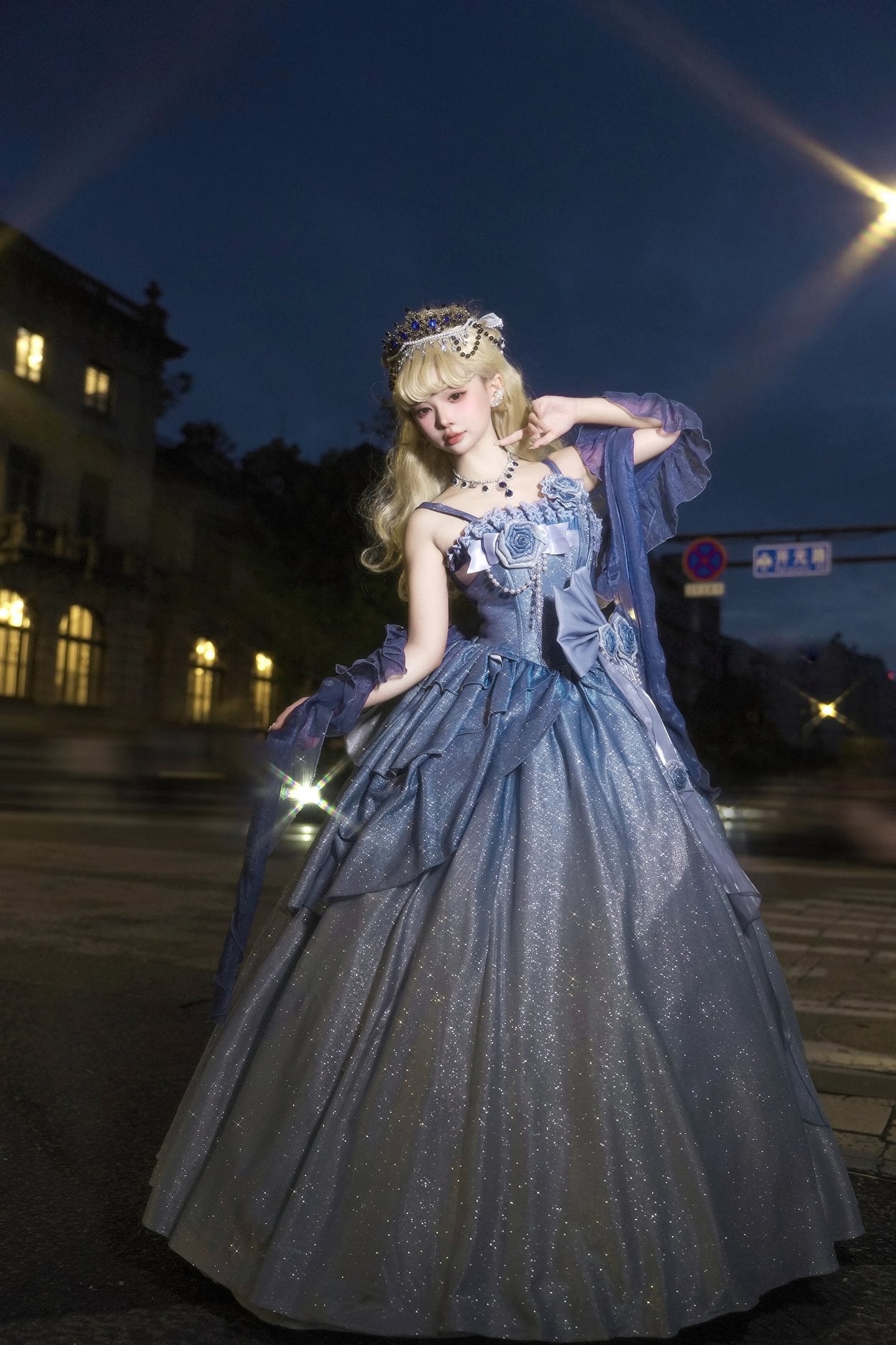 Hime Lolita Blue Princess Prom Dresses Starry Sky Rose for Tea Party