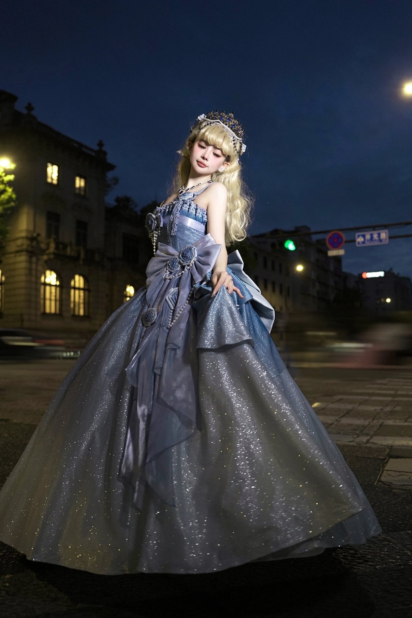 Hime Lolita Blue Princess Prom Dresses Starry Sky Rose for Tea Party