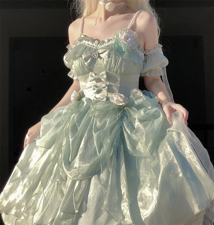 Hime Lolita Fairy Princess Prom Dress Green Rose Ruffles for Party 3 Colors