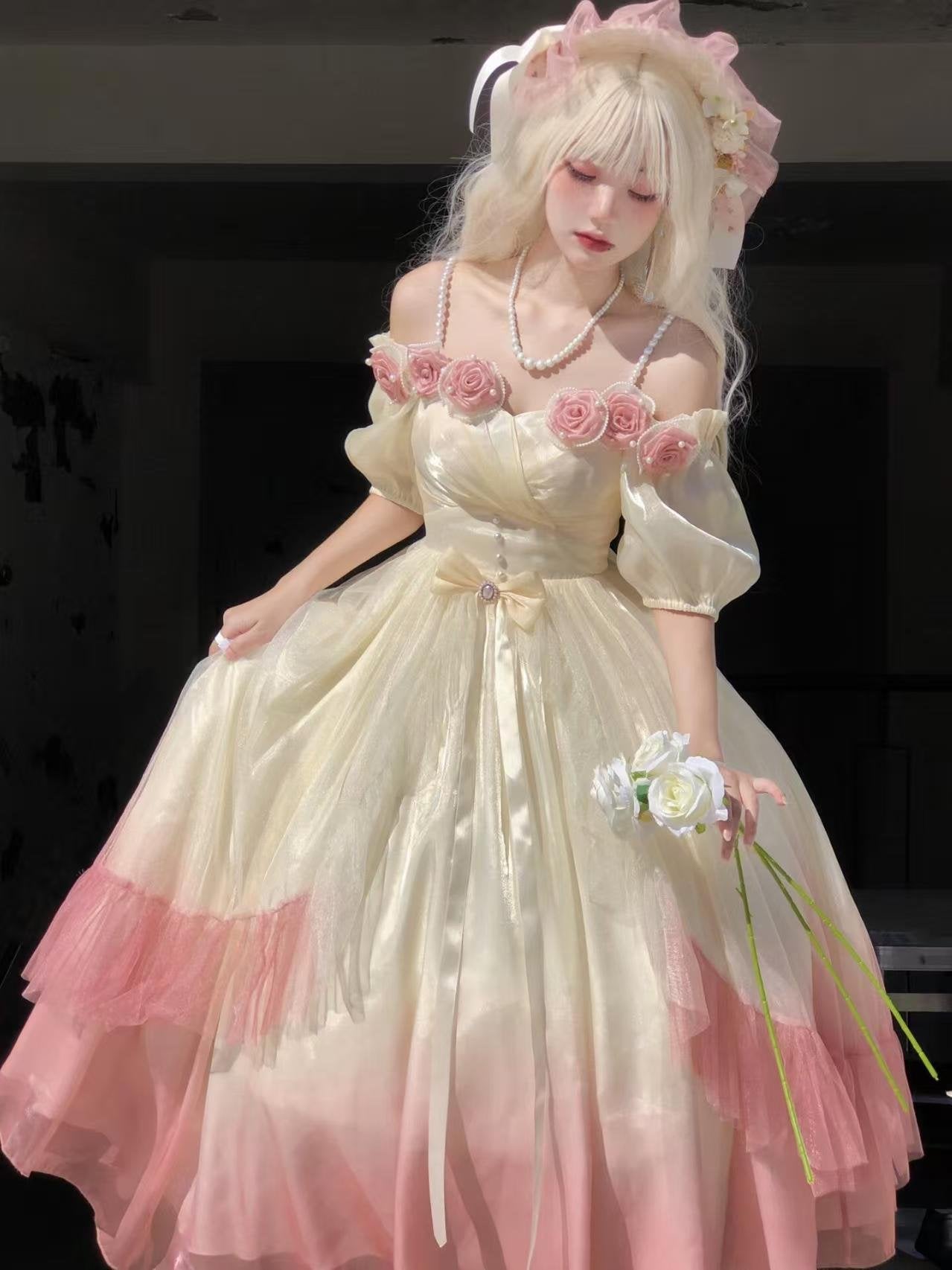 Hime Lolita Fairy Prom Rose Dress Elegant Mint Long Blue Dress for Graduation