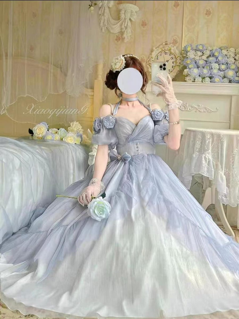 Hime Lolita Fairy Prom Rose Dress Elegant Mint Long Blue Dress for Graduation