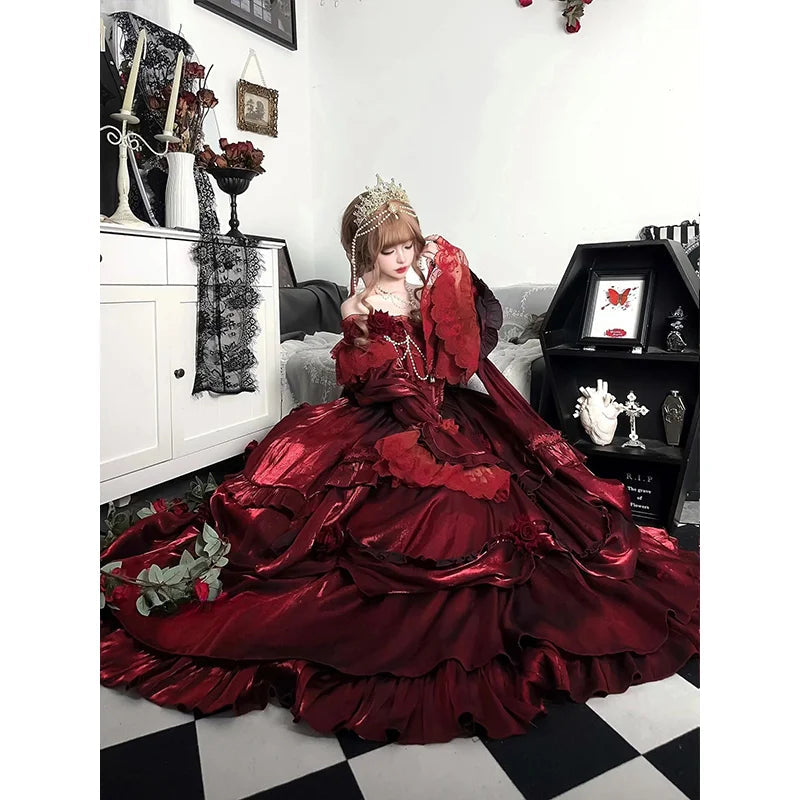Hime Prom Lolita Red Princess Rose Fluffy Dress with Ruffled for Christmas