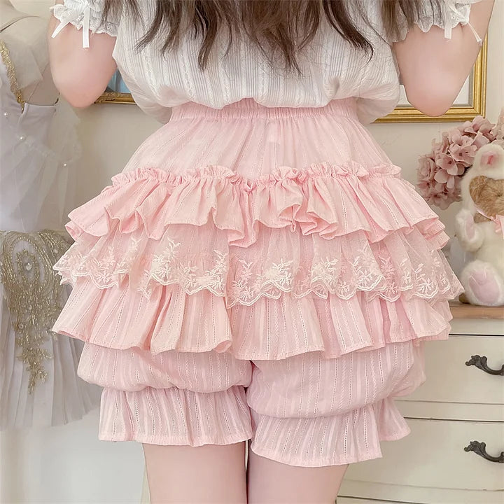 Japanese Sweet and Cute Pink Multi-layer Ruffle with Pattern Pumpkin Shorts