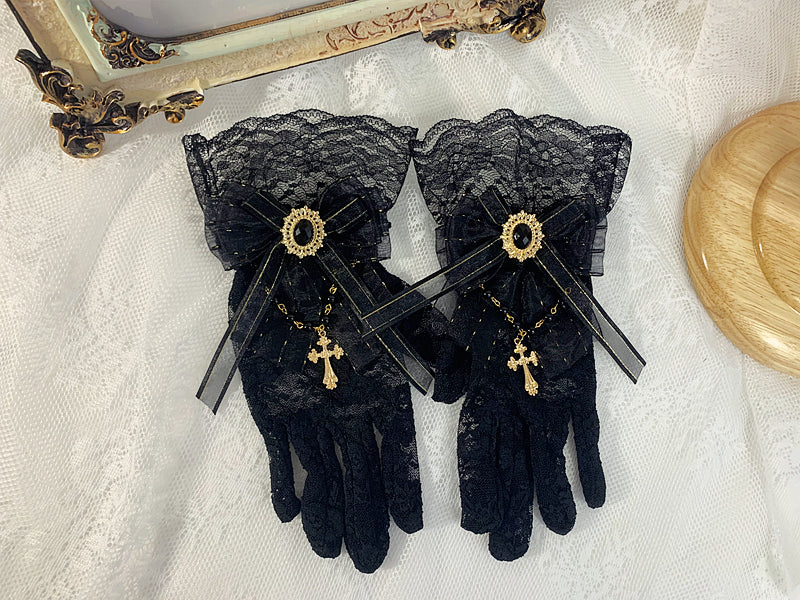 Lolita Accessories Black Handmade 5 Colors Gothic Elegant Lace Gemstone Gloves
