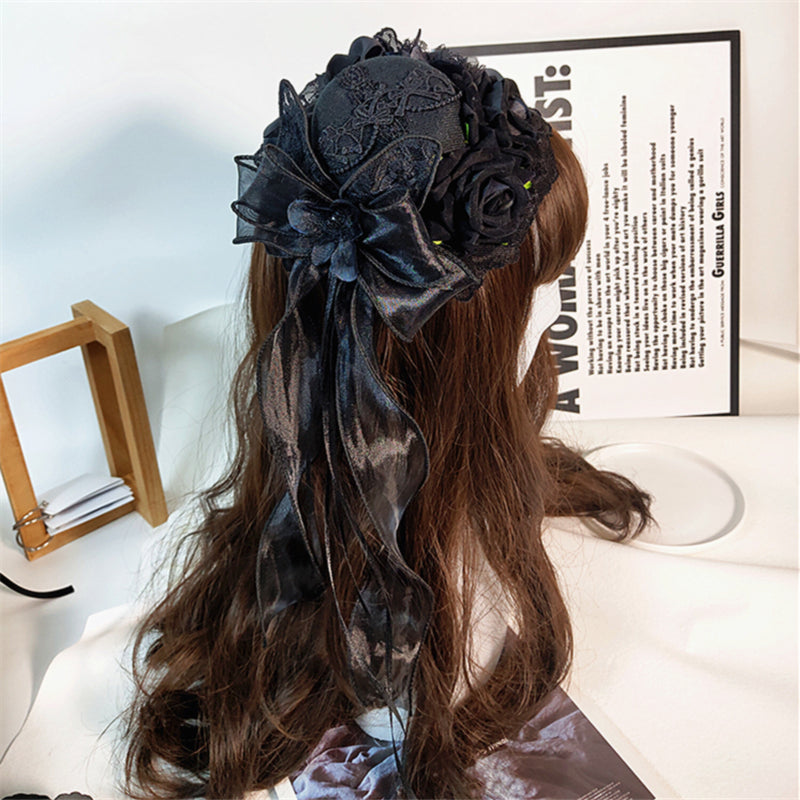 Lolita Accessories Goth Hat Decor Handmade Rose Ribbon Hair