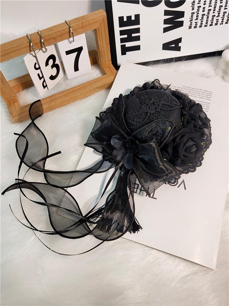 Lolita Accessories Goth Hat Decor Handmade Rose Ribbon Hair