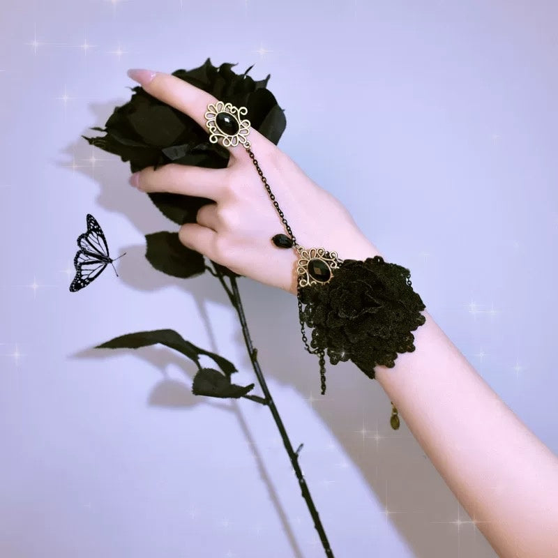 Lolita Accessories Gothic Black Rose Ring Lace Chain Hand Ornament