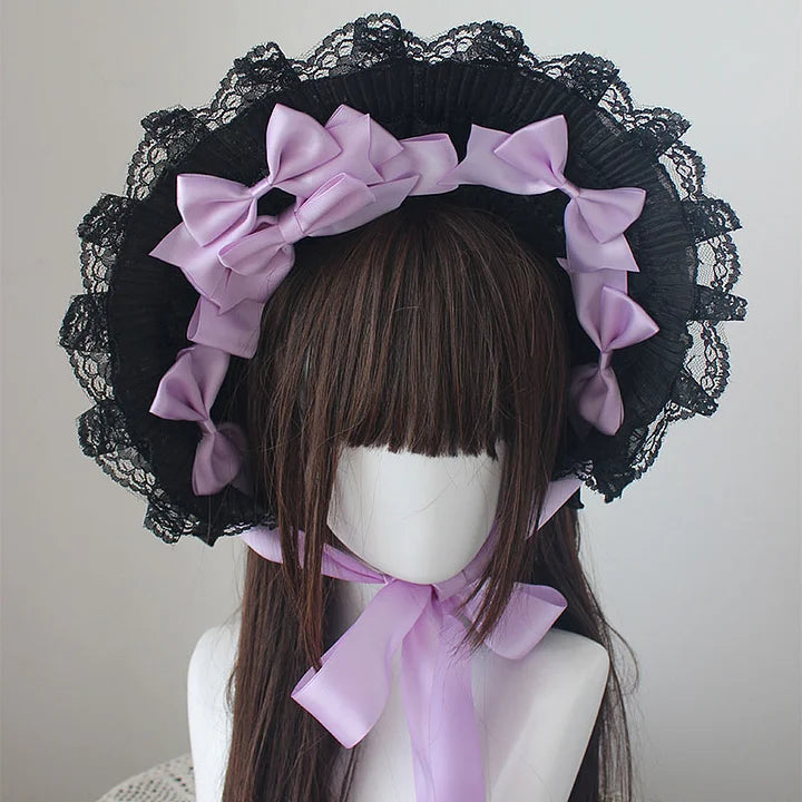 Lolita Accessories Gothic Bonnet Hat Lace Bow White Pastoral Cute Headwear 2 Colors