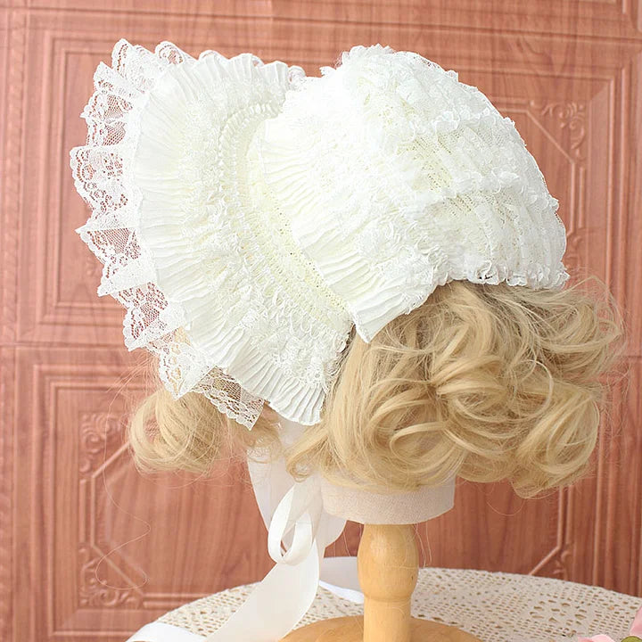 Lolita Accessories Gothic Bonnet Hat Lace Bow White Pastoral Cute Headwear 3 Colors
