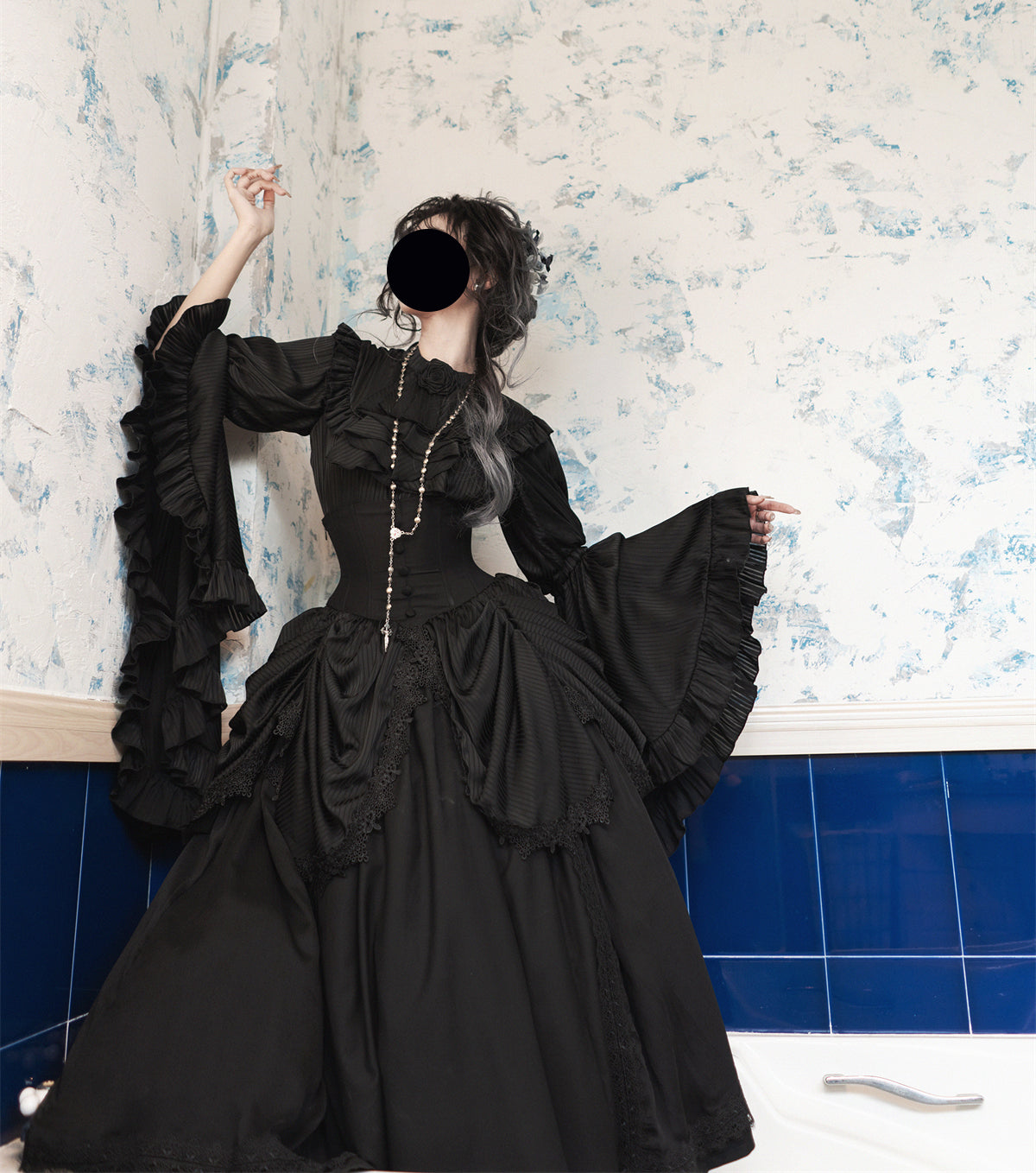 Gothic Prom Lolita Ruffles Black Long Skirt Court Style for Costume Halloween