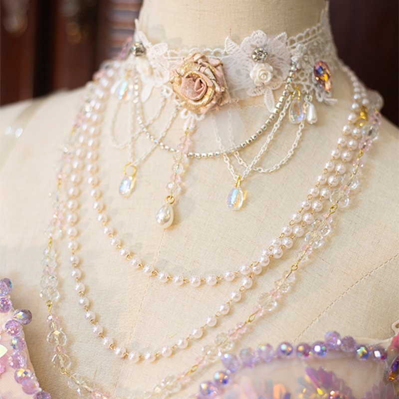 Lolita Accessories Handmade Choker Pearl Crystal Rose Lace Necklace