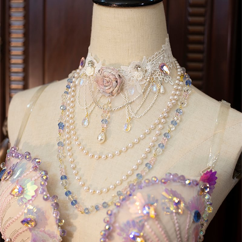 Lolita Accessories Handmade Choker Pearl Crystal Rose Lace Necklace