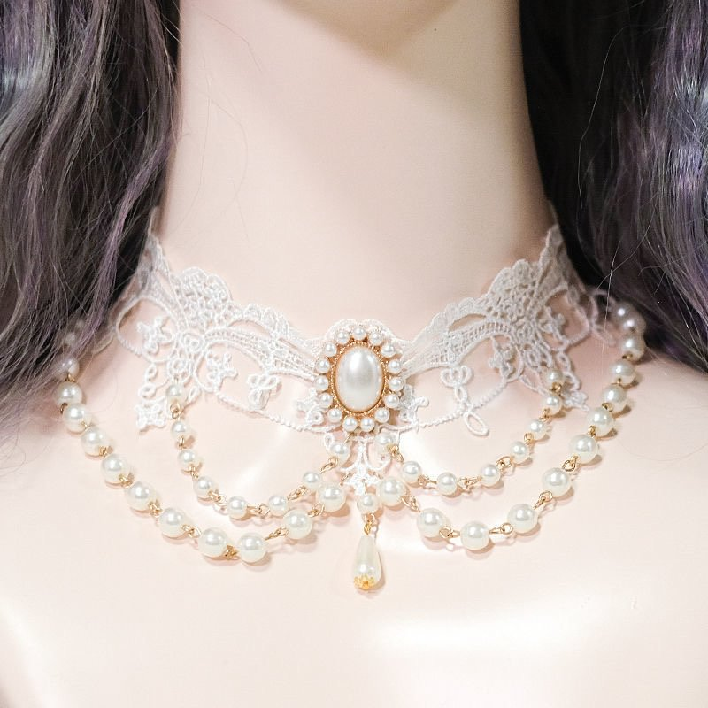 Lolita Accessories Multi-layer Lace White Pearl Necklace Court Style Choker