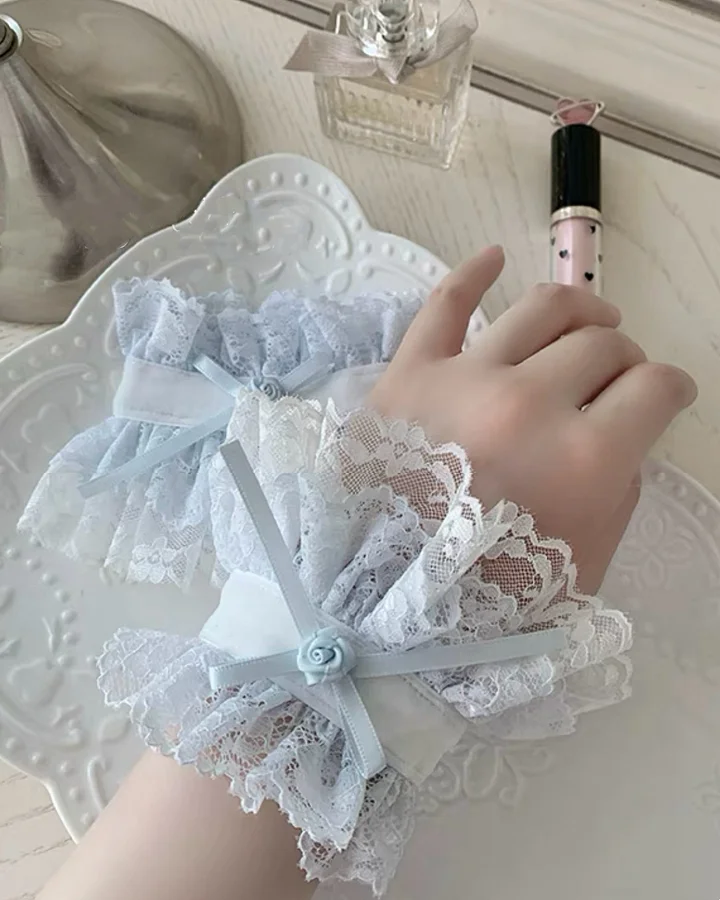 Lolita Accessories Sweet Blue Lace Ruffles Hand Oversleeves for Wedding 3 Colors