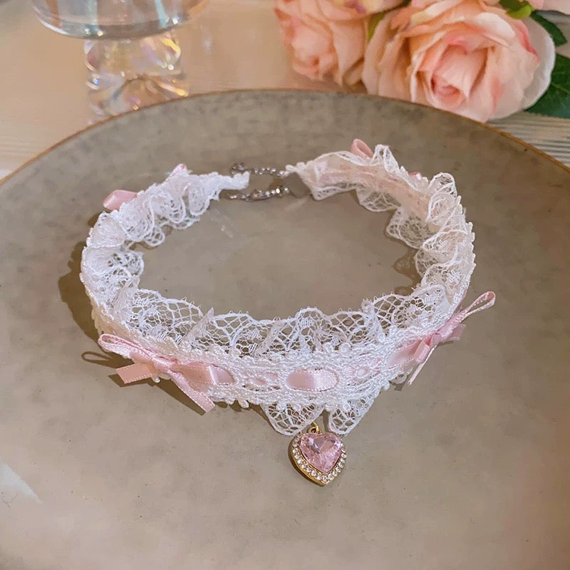 Lolita Accessories Sweet Choker Love Heart Necklace with Bowknot Lace 2 Colors