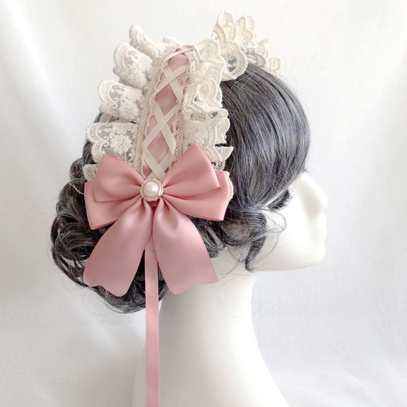 Lolita Accessories Sweet Hairband with Ruffle Lace Pearl Bowknot Hair 3 Colors