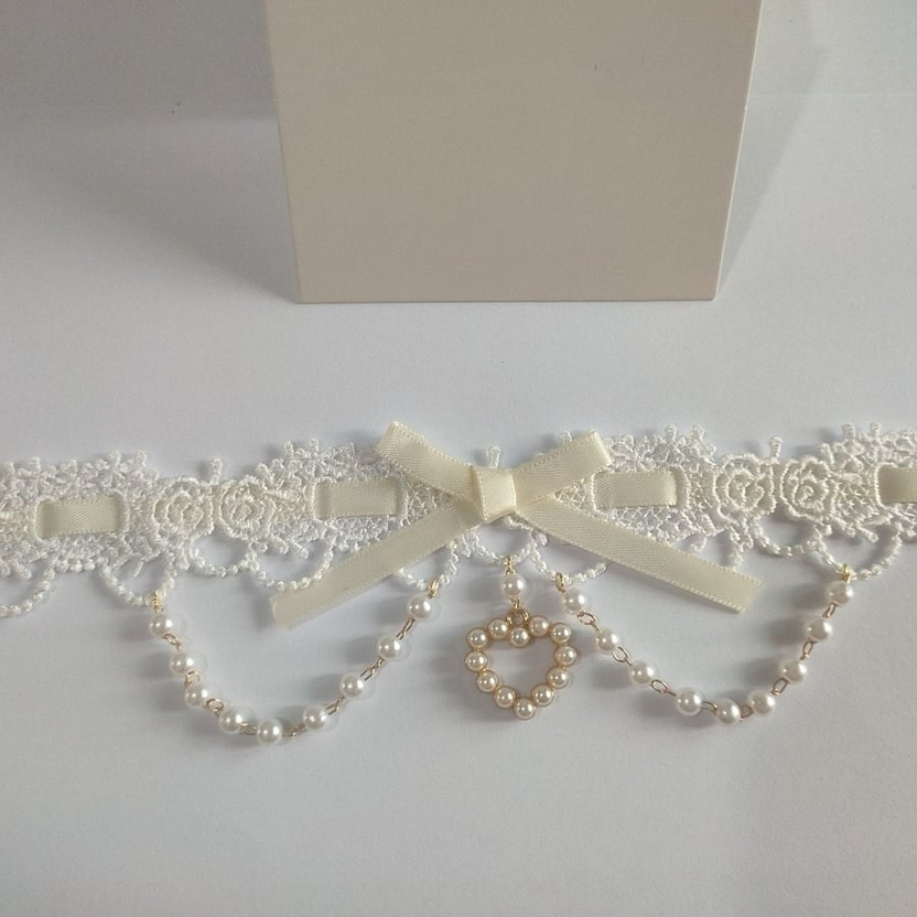 Lolita Accessories Sweet Necklace with  Pearl Bow Choker Lace Macaron 2 Colors