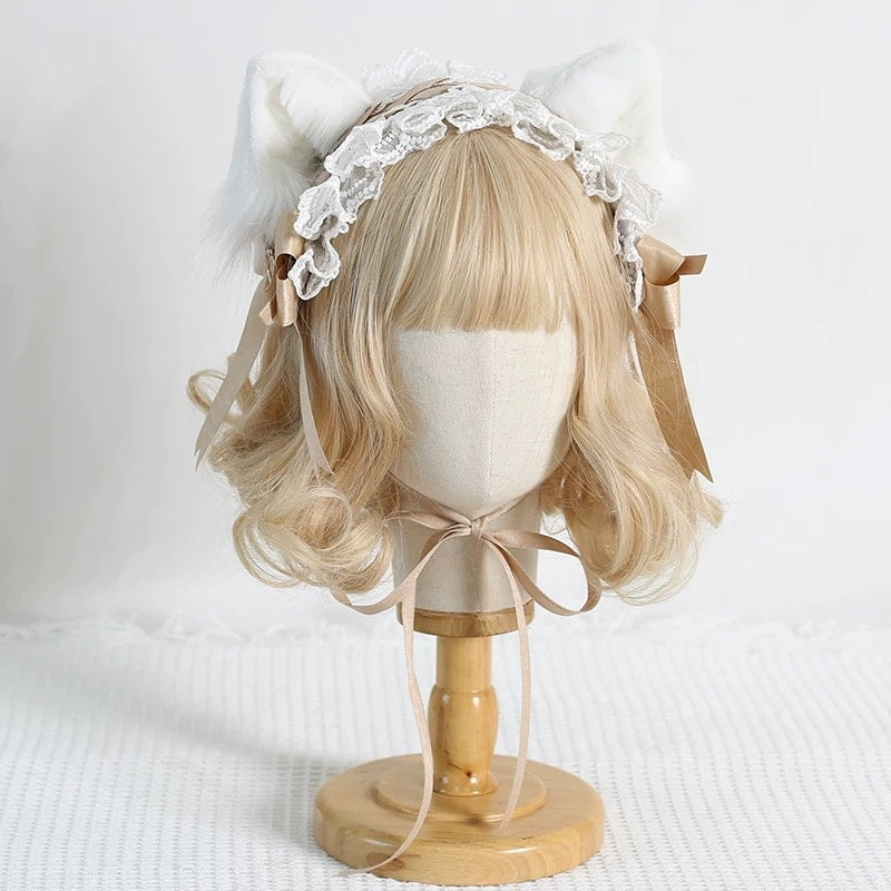 Lolita Accessories Sweet Pink Cat Ears Hairband with Bow Ruffle Hairpins