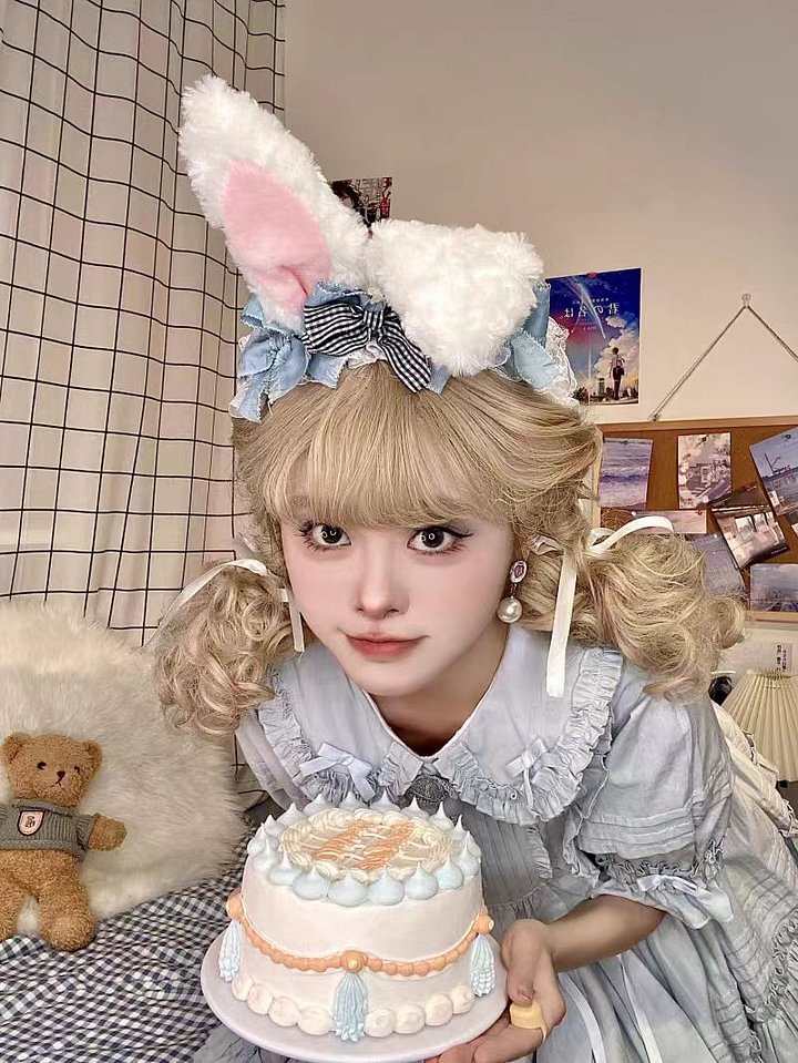Lolita Accessories Velvet Light Blue Rabbit Ears Ruffle Headband for Spring