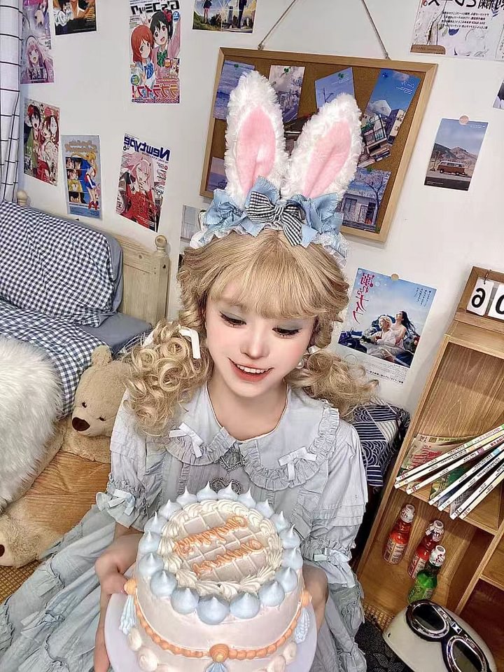 Lolita Accessories Velvet Light Blue Rabbit Ears Ruffle Headband for Spring