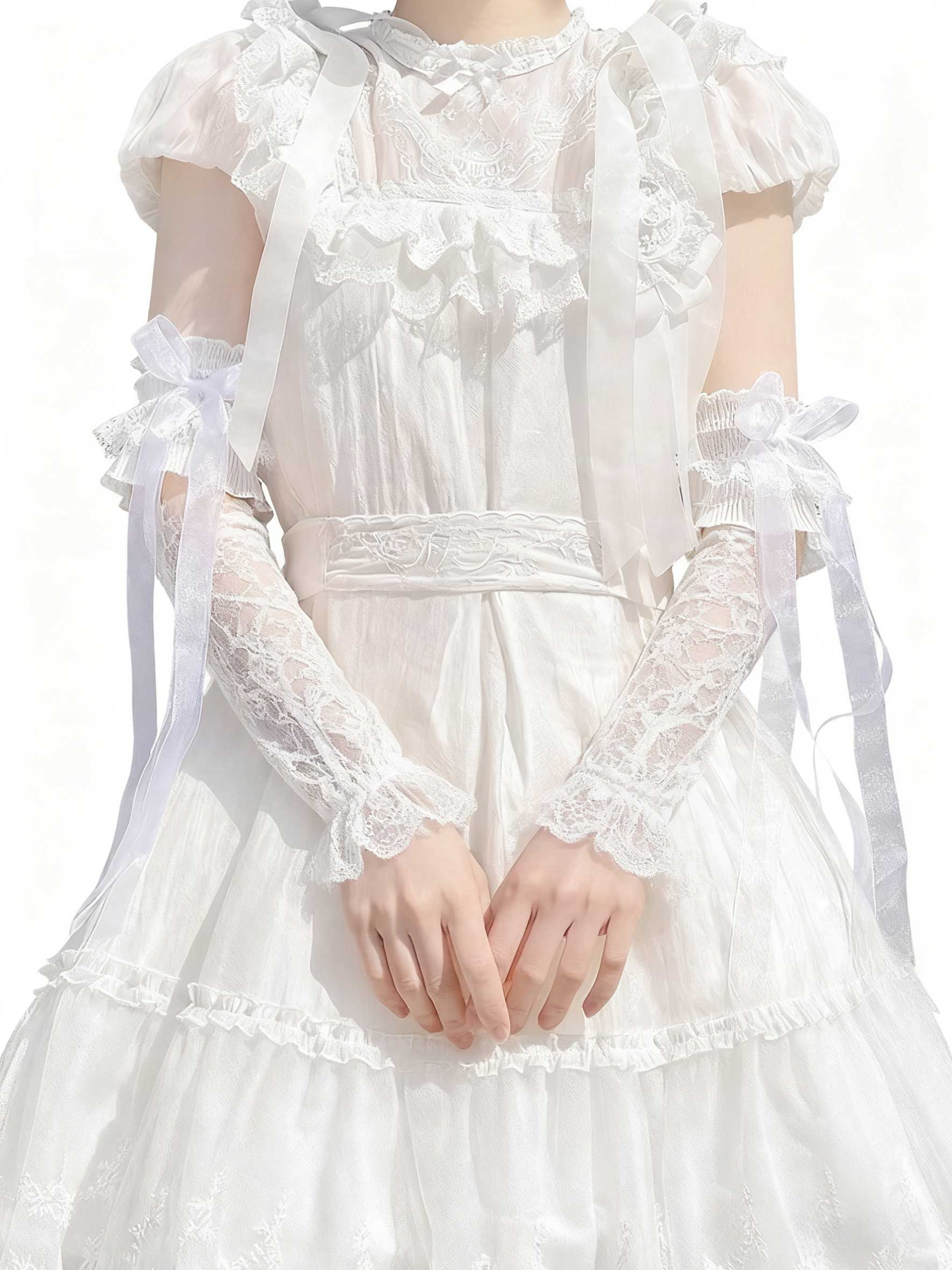 Lolita Accessories White Arm Sleeves Hand Lace Bow Cosplay for Wedding 2 Colors