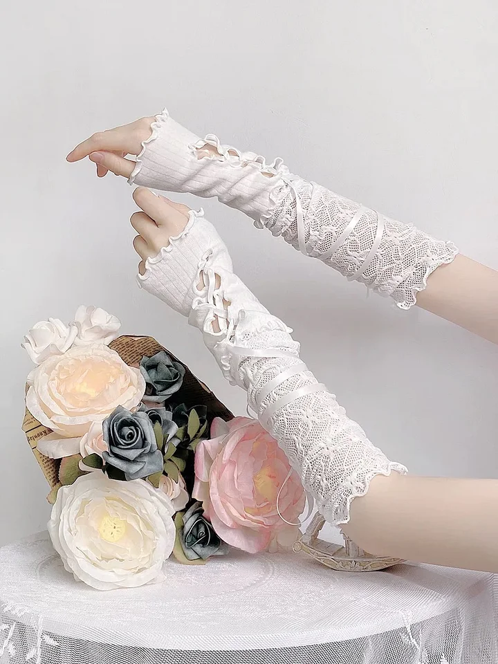 Lolita Accessories White Hand-sleeves Gothic Straps Gloves Lace with Bow
