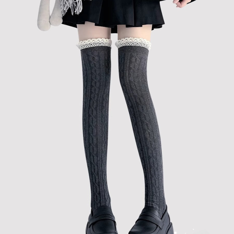 Lolita Accessories White Stockings Over-The-Knee Thick Knit Lace Socks 2 Colors