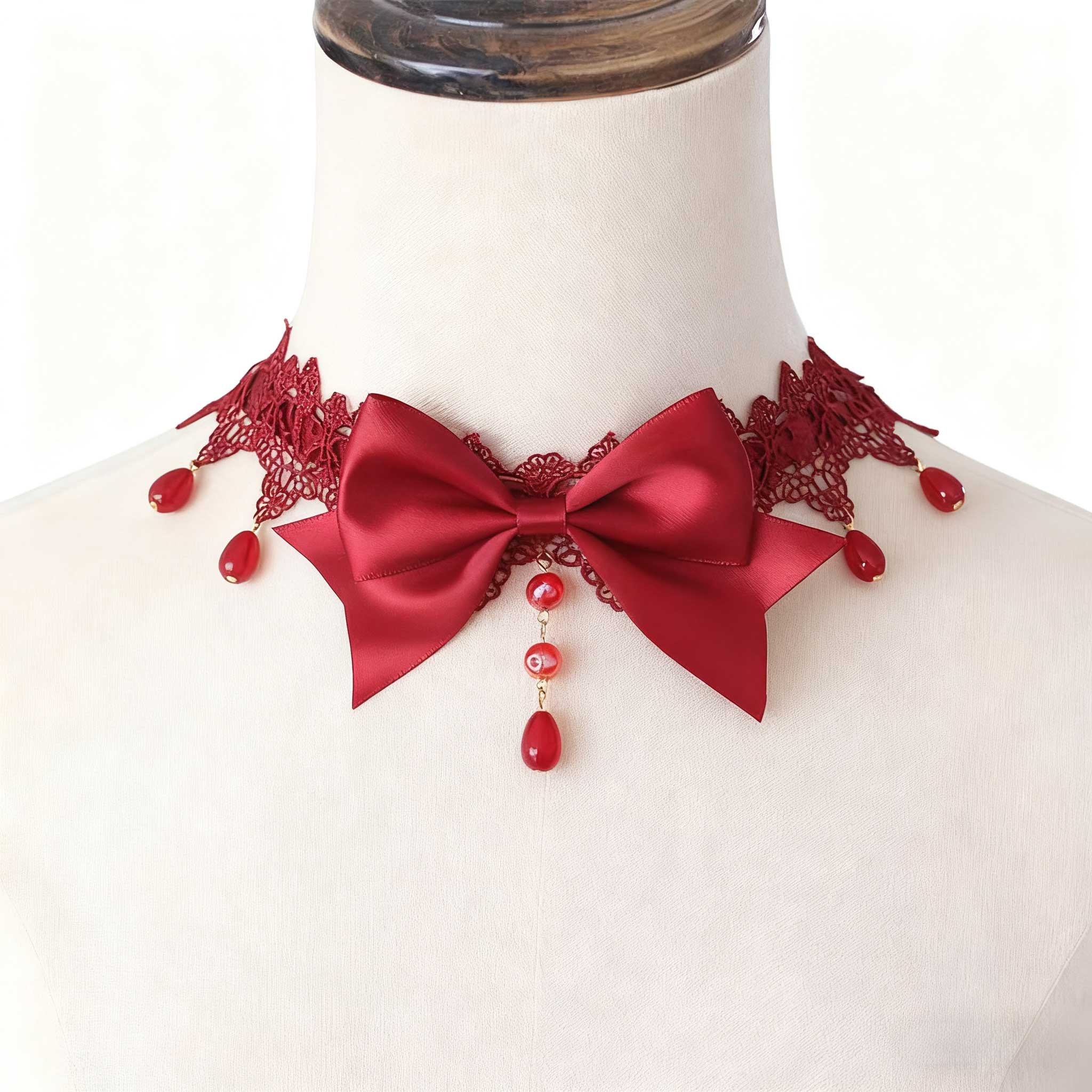 Lolita Accessory Gothic Necklace Lace Bowknot Pearl Choker 2 Colors