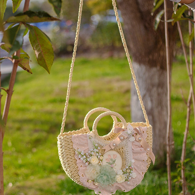 Lolita Bag Classic Bamboo Handbag Beige Four Time Flower Straw Pastoral