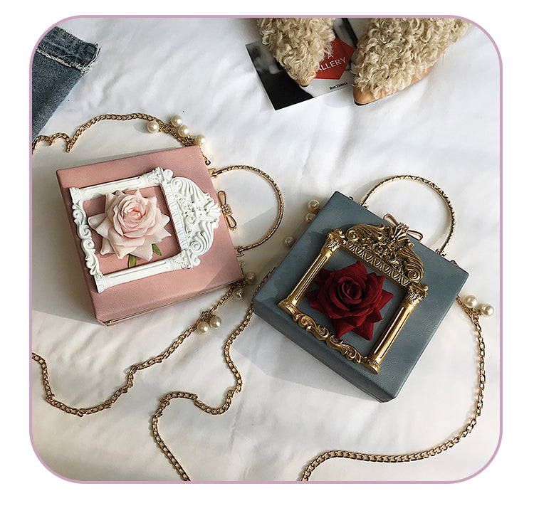 Lolita  Bag Dark Baroque Style Pink Rose Square Retro Handbag Shoulder