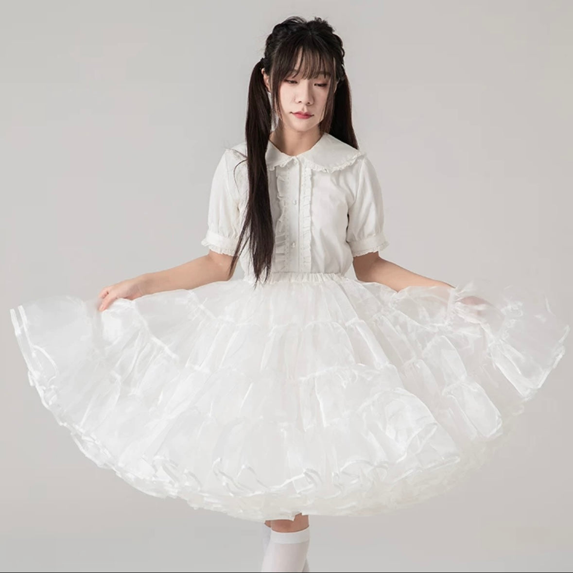 Lolita Petticoats White Puffy Pannier Crinoline Organza Layer Ruffle