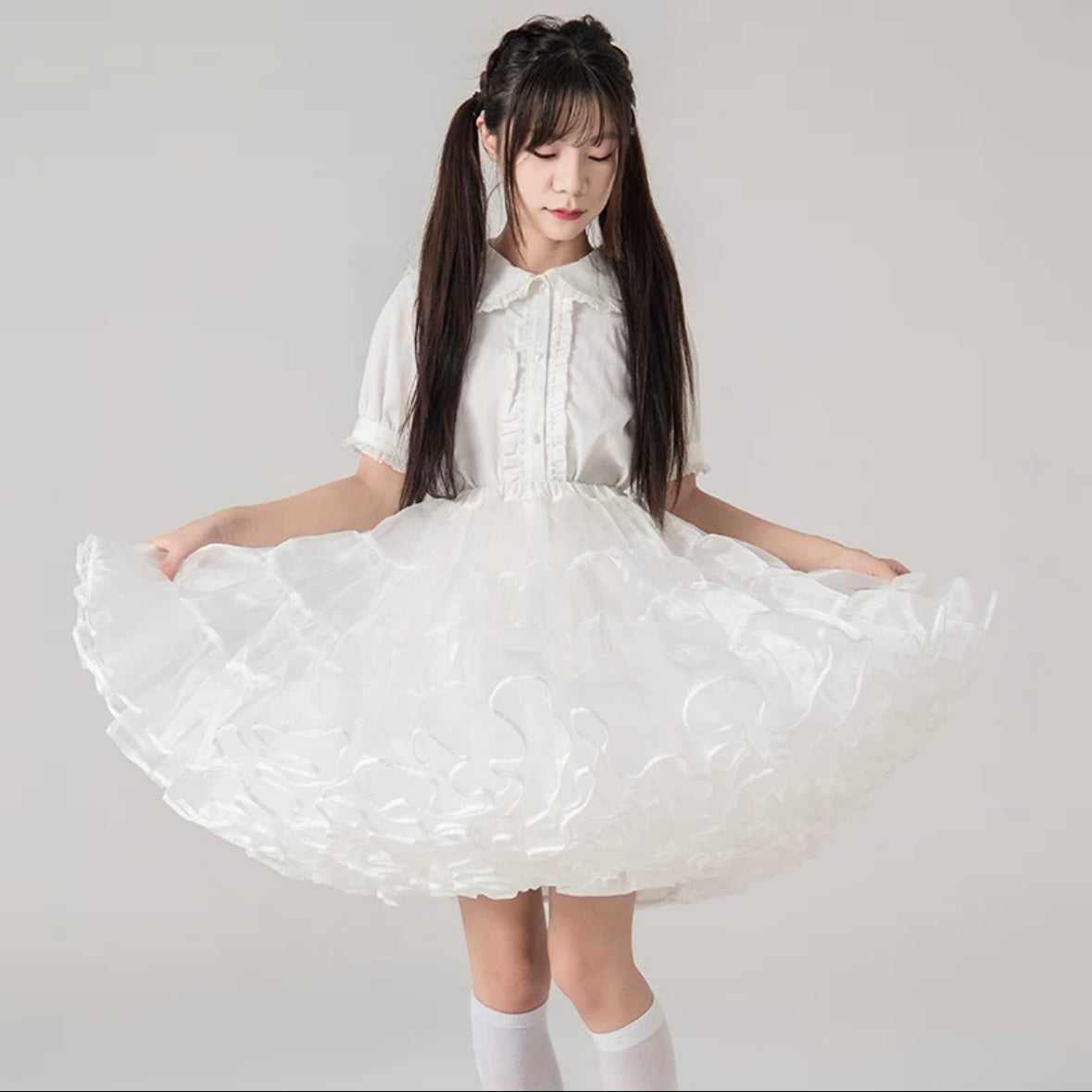 Lolita Petticoats White Puffy Pannier Crinoline Organza Layer Ruffle