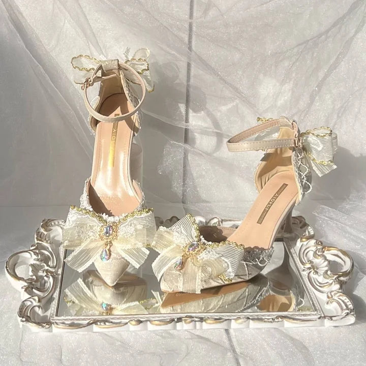 Lolita Shoes Gorgeous Mid Heel with Bow Pointed-toe Stiletto for Party 2 Colors