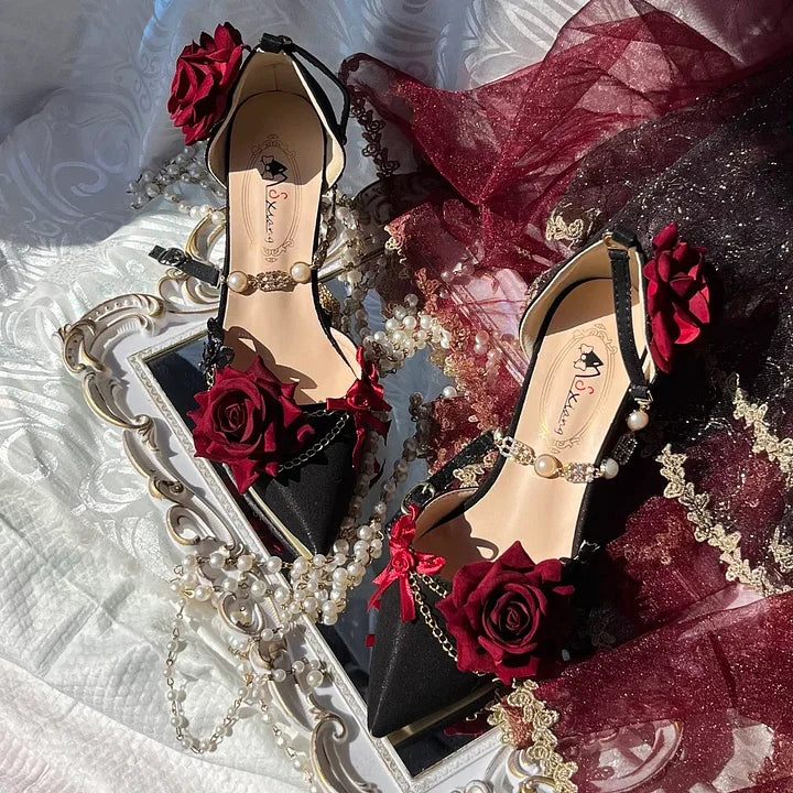 Lolita Shoes Goth Red Black Rose Gorgeous Pointed-toe Mid Heel