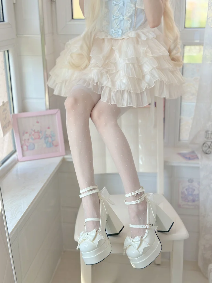 Lolita Shoes Sweet Block High Heels Sweetheart with Bow Strap 2 Colors