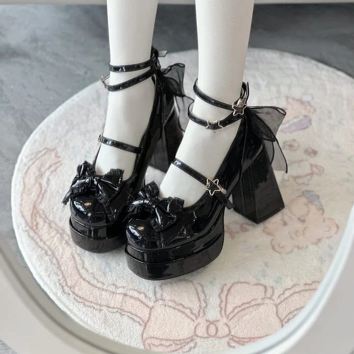 Lolita Shoes Sweet Block High Heels Sweetheart with Bow Strap 2 Colors