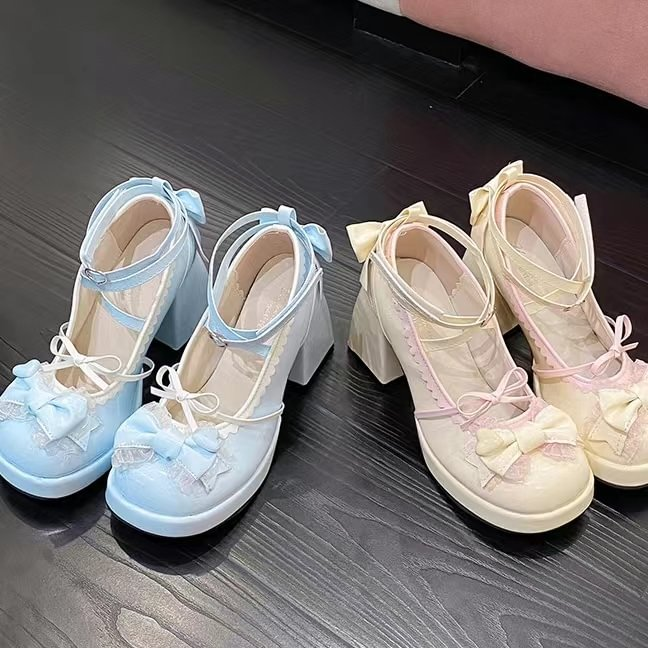 Lolita Shoes Sweet Mid Block Heels with Bow 2 Colors