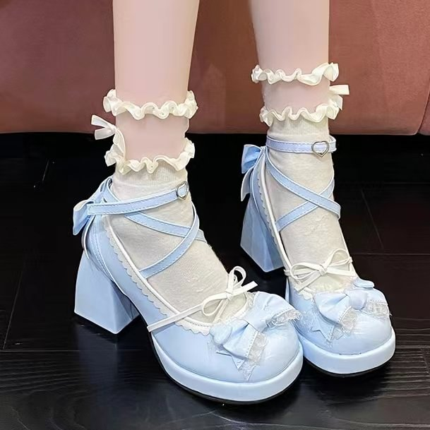 Lolita Shoes Sweet Mid Block Heels with Bow 2 Colors