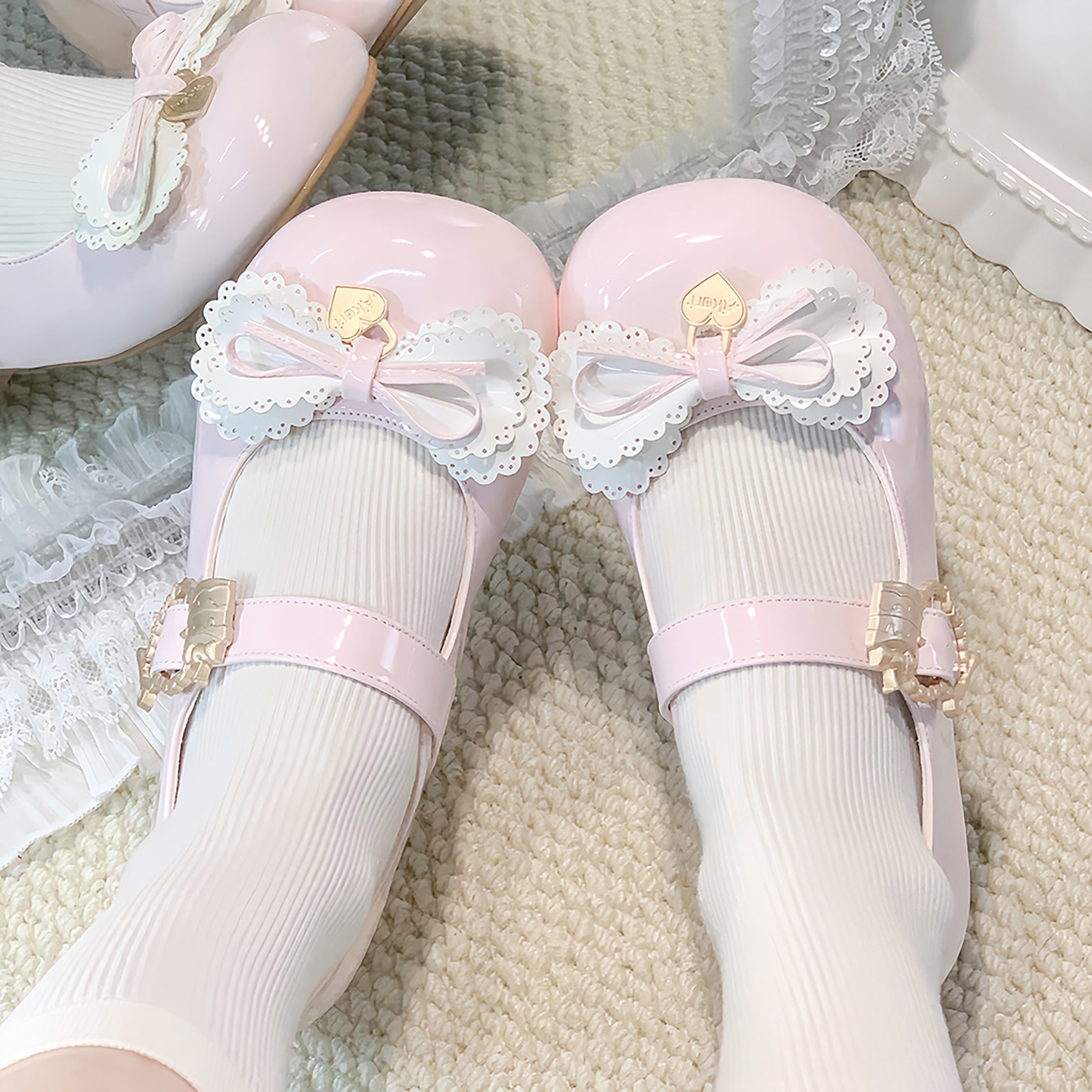 Lolita Shoes Sweet Pink Cute Doll Low Heel Single with Bow  3 Colors
