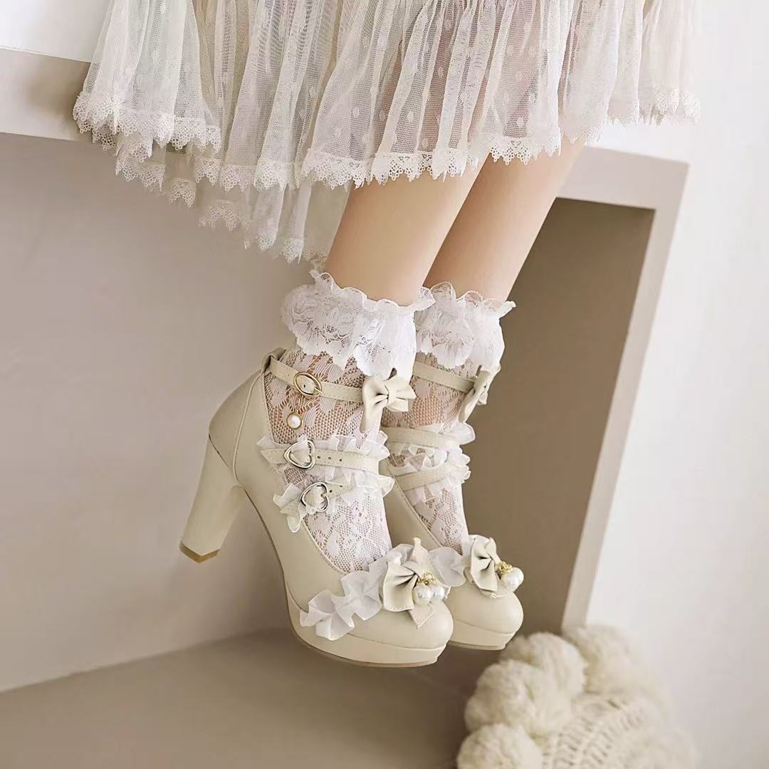 Lolita Shoes Sweet White Princess Bow Accent Block Heels 4 Colors