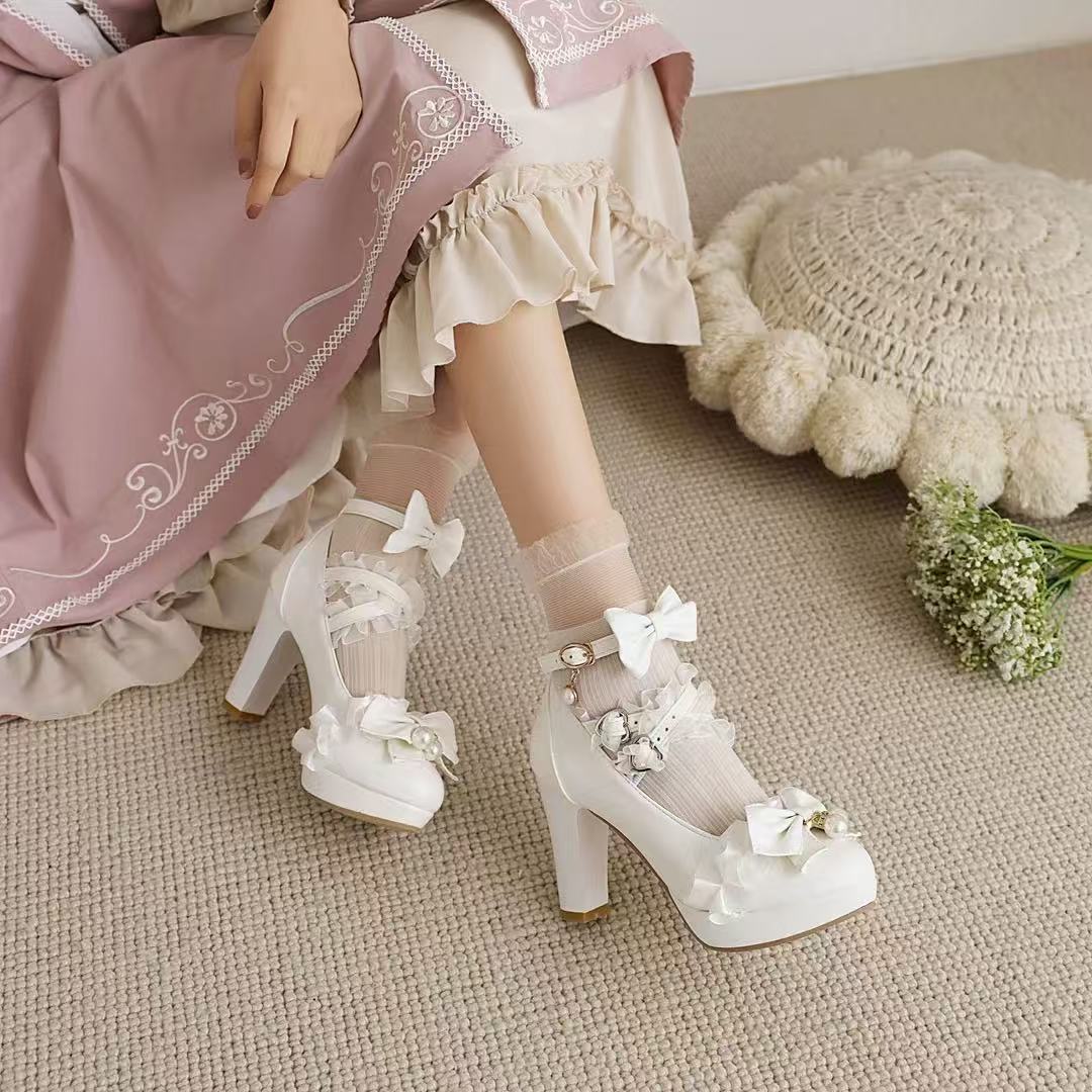 Lolita Shoes Sweet White Princess Bow Accent Block Heels 4 Colors