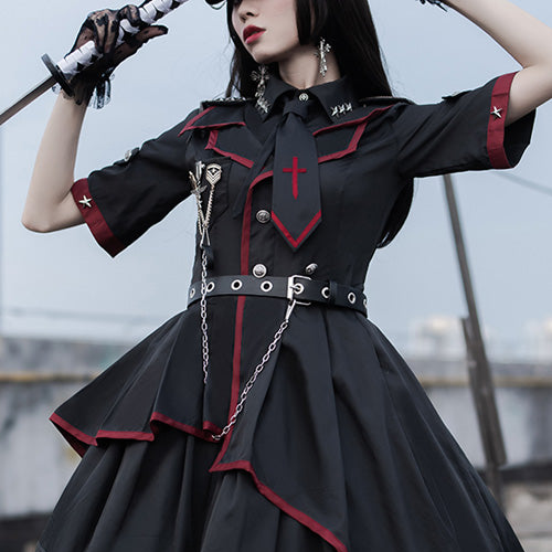 Military Lolita Gothic Black Punk Style Tie Metal Chain Belt Red Hem Dress
