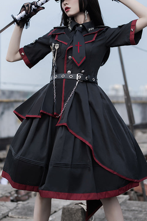 Military Lolita Gothic Black Punk Style Tie Metal Chain Belt Red Hem Dress