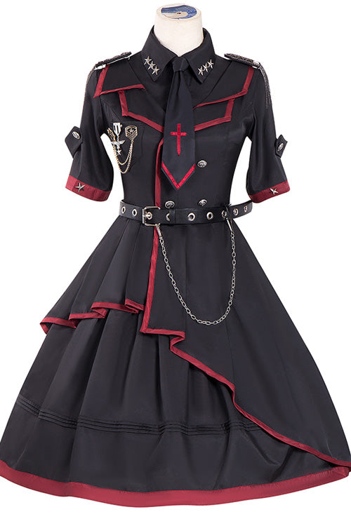 Military Lolita Gothic Black Punk Style Tie Metal Chain Belt Red Hem Dress