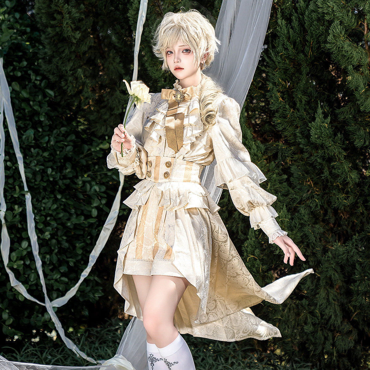 Ouji Fashion Ivory Long Sleeve with Bow Daily Cute Overalls Wind Suit