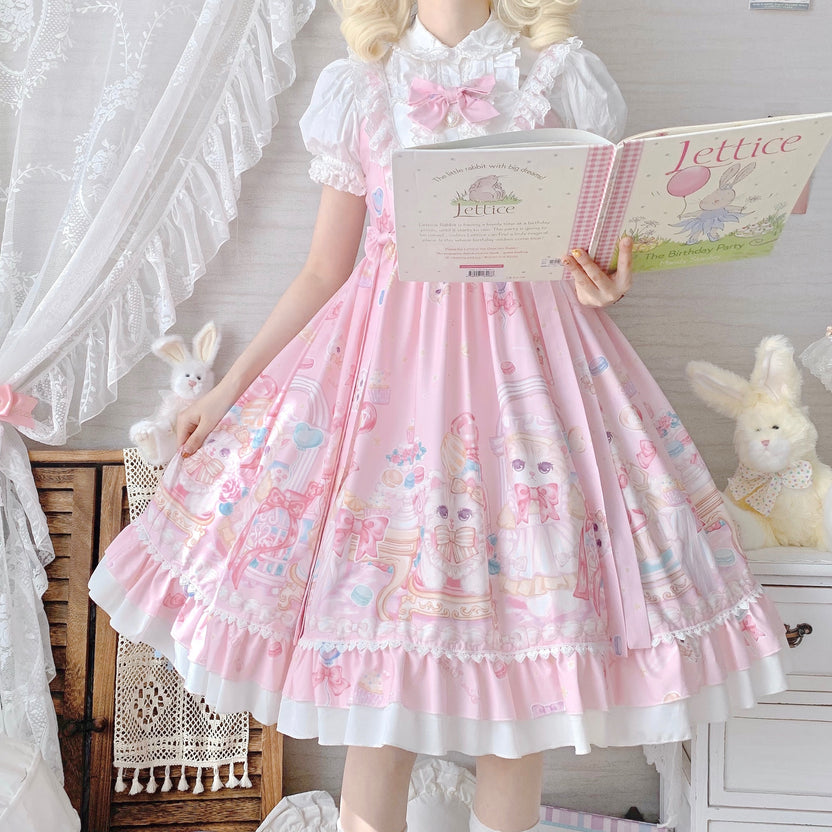 Sweet Lolita Cake Dress Pink Cat Print Lace Collar Plus Size 4XL