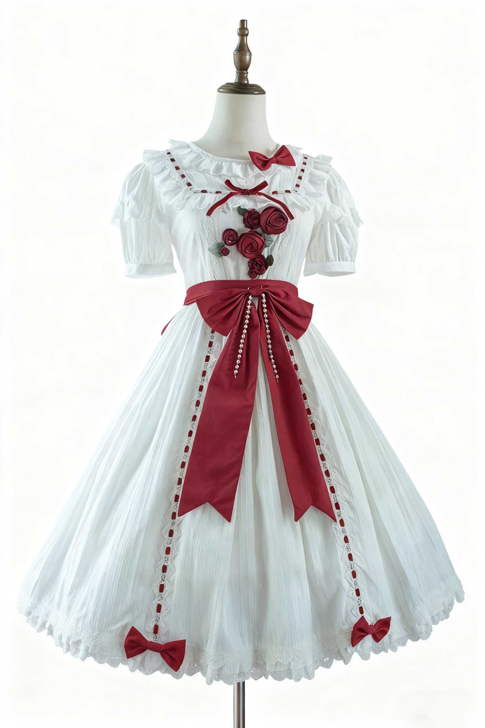 Sweet Lolita Classic White Short Sleeve Ruffles Bow Belt Dress 2 Colors